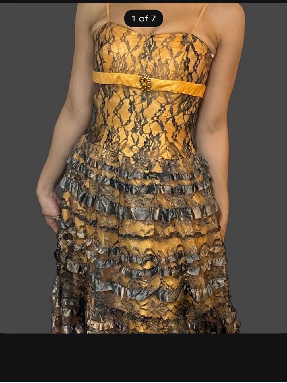 Vintage Bicici Black Lace & Gold Tiered Ruffle Dress Y2K Coquette Gothic Fairy